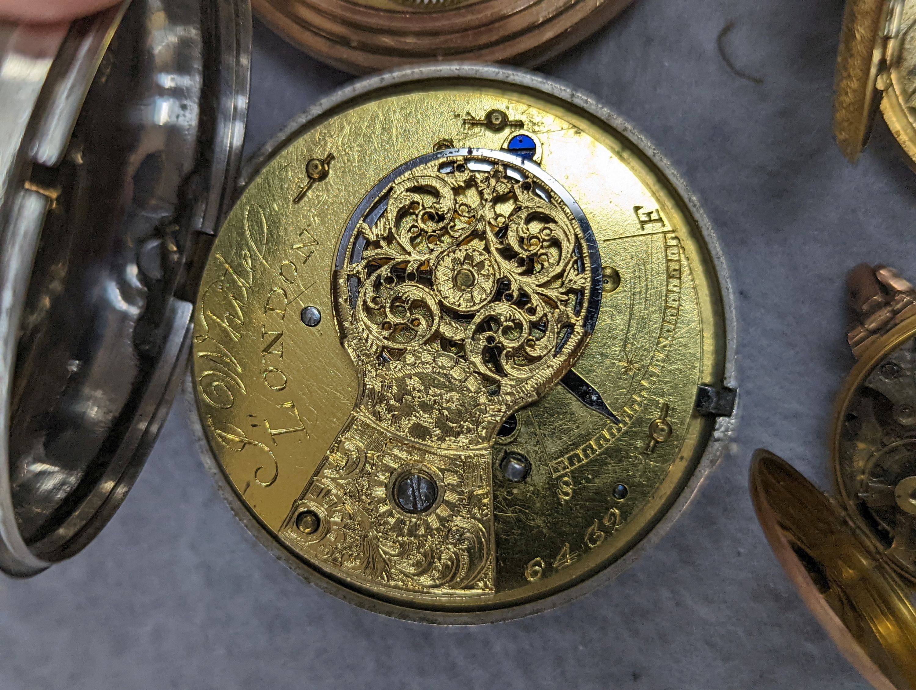 An 18k fob watch(a.f.) gross 20.4 grams, a 9ct wrist watch on a 9ct expanding bracelet, gross 20.7 grams, a gold plated pocket watch, an 800 fob watch and a 19th century silver pair cased verge keywind pocket watch, by J